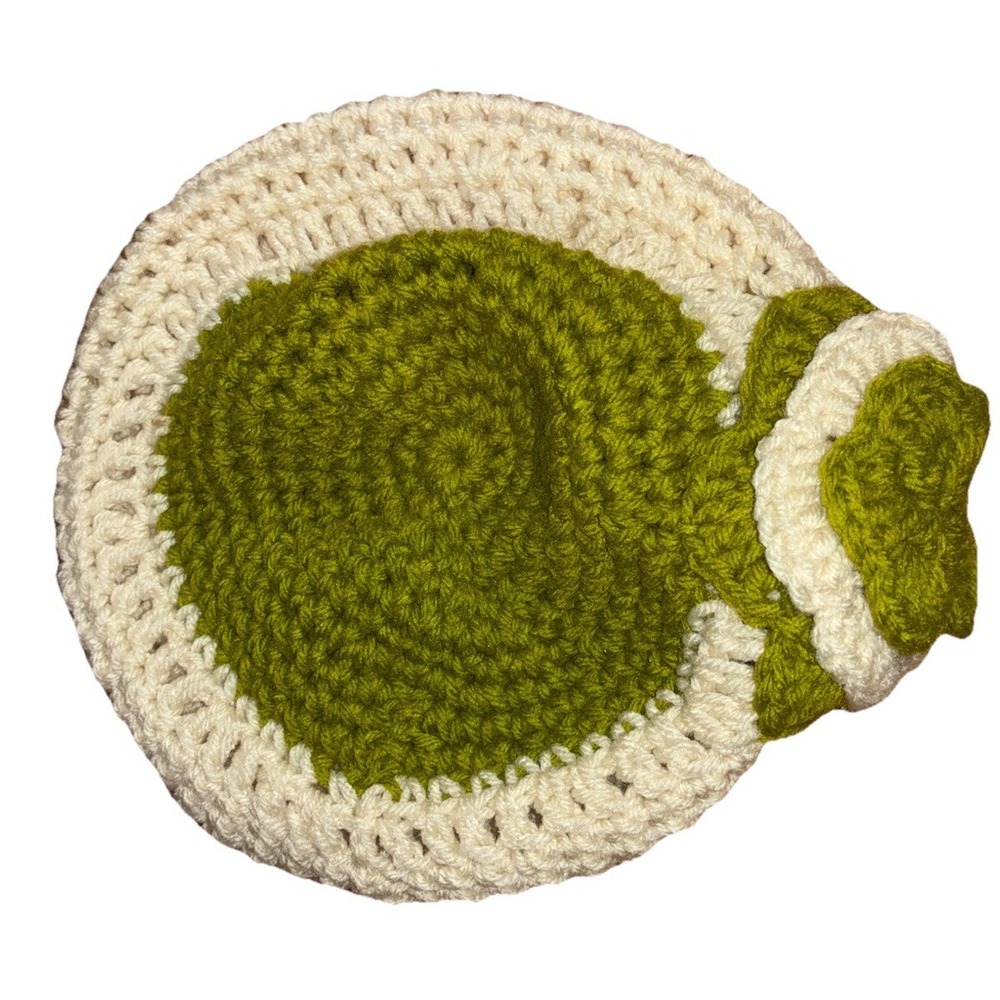 Beret Round Green White Crochet Hat Flower Handmade Artist Boho *flaw